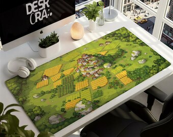 Alfombrilla de escritorio Hilltop Village - Alfombrilla de ratón para juegos con temática de granjas pastorales de píxeles - Alfombrilla de ratón para gamers