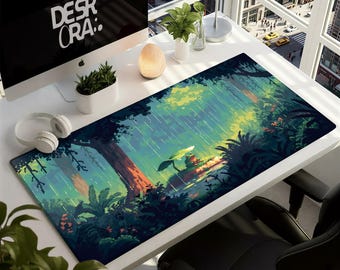 Alfombrilla de escritorio acogedora con diseño de bosque lluvioso - Alfombrilla de ratón grande con diseño de bosque acogedor - Alfombrilla de ratón XXL para gamers