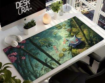 Alfombrilla de escritorio de anime Gengar - Alfombrilla de ratón para juegos con el bosque y el fantasma morado - Alfombrilla de ratón para gamer de Pokémon