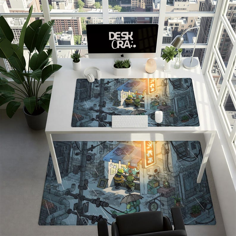 May include: A white desk with a computer, keyboard, mouse, and headphones. A large desk mat and a smaller rug feature a detailed illustration of a rainy street scene with cartoon characters. The text "DESK ORA:" is on the computer screen.