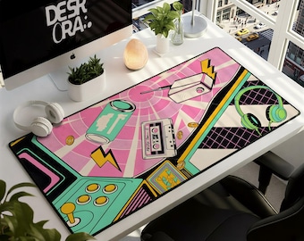 Tapete de escritorio neón de cassette de los 80: alfombrilla de ratón para juegos con collage retro arcade, alfombrilla de ratón gamer kawaii