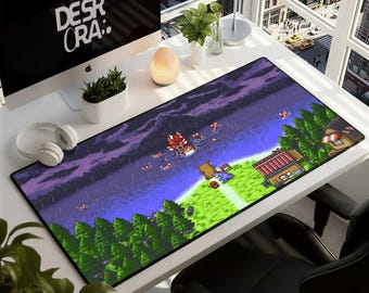 Alfombrilla de escritorio Gyarados - Alfombrilla de ratón con escena de batalla en el lago de Pokémon Pixel RPG - Alfombrilla de ratón verde para gamer