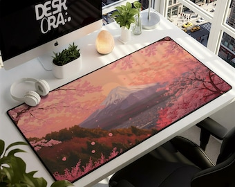 Alfombrilla de escritorio Monte Fuji - Alfombrilla de ratón para juegos con diseño de flor de cerezo, alfombrilla de ratón japonesa kawaii rosa