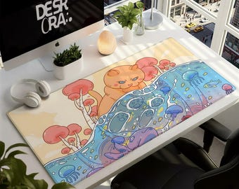 Alfombrilla de escritorio con divertidos gatos naranjas y medusas - Alfombrilla de ratón grande para juegos de acuario - Alfombrilla de ratón para gamers