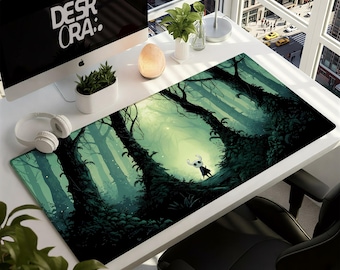 Alfombrilla de escritorio de Hollow Knight - Alfombrilla de ratón con escena de bosque kawaii de Hornet - Alfombrilla de ratón verde para gamer