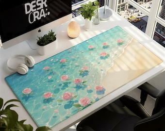 Alfombrilla de escritorio floral kawaii: alfombrilla para ratón para juegos con rosas flotando sobre el agua