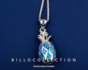 Collar con colgante de piña de ópalo azul de plata de ley y cadena para suéter