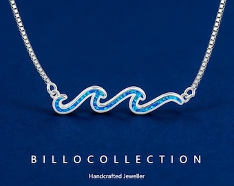 Sterling Silver Opal Wave Necklace, Surfing Water Ripple Pendant Accessory