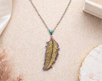 Lightweight iridescent rainbow feather necklace, stainless steel, hypoallergenic, bohemian modern style, multicolored shimmer charm