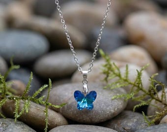 Delicate Blue Crystal Butterfly Pendant Necklace with Aurora Borealis Finish - Lightweight, Hypoallergenic, Sparkling Elegance for Everyday