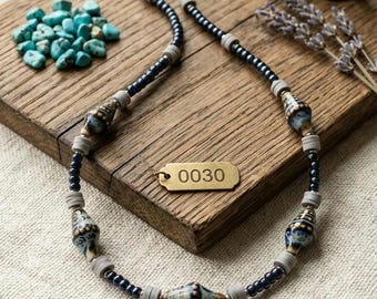 Unique handmade necklace with ceramic shells, navy glass beads, rubber pearls - natural, sophisticated, unisex accessory