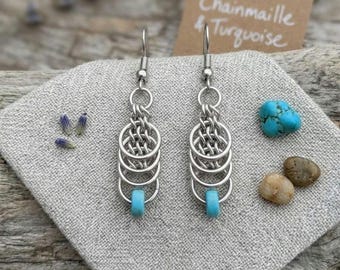 Elegant cascade chainmaille earrings with natural turquoise beads, hypoallergenic stainless steel for sensitive ears, lightweight design