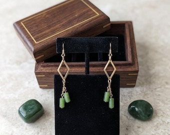 Modern geometric gold-tone dangling earrings with delicate soft green jade-like beads, hypoallergenic stainless steel hooks