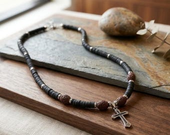 Masculine black rubber beads, raw volcanic stones, stainless steel cross pendant necklace, hypoallergenic, durable style