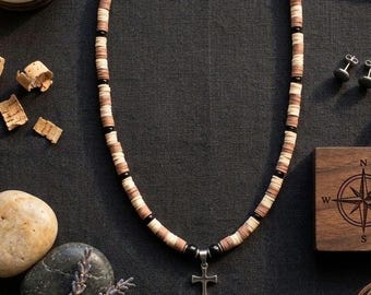 Collier croix acier inoxydable, perles caoutchouc beige, brun et onyx noir, design léger et élégant, style naturel moderne
