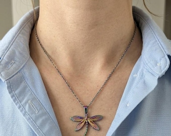 Rainbow Dragonfly Necklace, Iridescent Stainless Steel Necklace, Nature Jewelry Gift for Women, Colorful Dragonfly Pendant