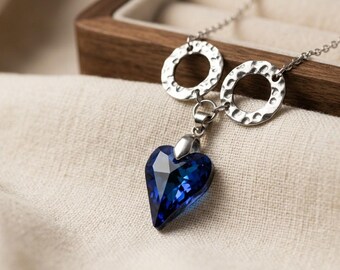 Mystical Sapphire Blue Heart Pendant with Aurora Borealis Finish, Textured Rings, Hypoallergenic Stainless Steel Chain