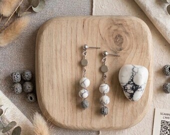 Elegant vertical cascade earrings with natural howlite and textured volcanic stone, hypoallergenic stainless steel posts