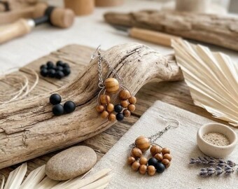 Lightweight black onyx and natural olive wood beads, hypoallergenic stainless steel hooks, organic boho style earrings