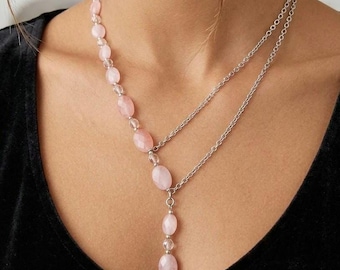 Romantic elegance daily wear necklace with soft pink acrylic beads, clear crystals, asymmetrical modern cascade design