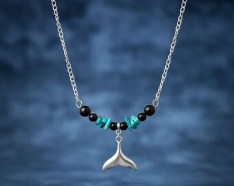 Collier onyx noir, turquoise naturelle, pendentif queue de baleine en acier, style marin élégant et protecteur