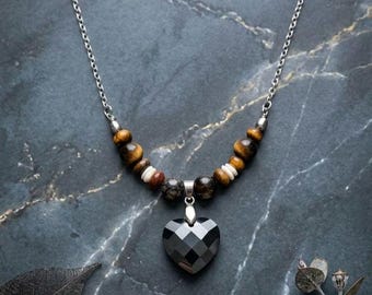 Collier pendentif cœur en obsidienne noire, œil de tigre doré, nacre blanche, acier inoxydable hypoallergénique, élégant et protecteur