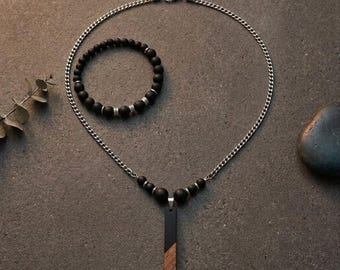 Collier et bracelet en bois de noyer, onyx mat et acier inoxydable – style urbain contemporain sophistiqué