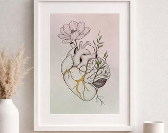 Heart Brain Flower Printable Wall Art | Anatomical Heart Botanical Illustration | 5 High‑Resolution Sizes | Instant Download