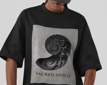 Sacred Spiral Oversized Graphic Tee, Fibonacci Nautilus Shell Art, Heavyweight Streetwear T-shirt, Aesthetic Sacred Geometry Unisex Shirt