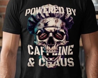 Powered by Caffeine & Chaos Chef Shirt, Bearded Skull Coffee T-shirt, Gritty Barista Gift, Professional Kitchen Graphic Tee