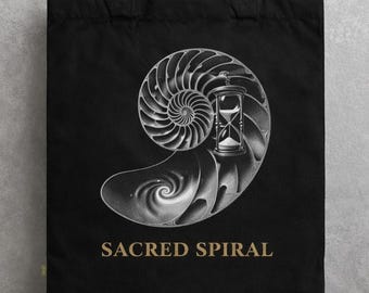 Organic Cotton Tote Bag with Sacred Spiral Design, Eco-Friendly Canvas Shopping Bag, Spiritual Nautilus Shell Gift, Black Boho Tote Bag