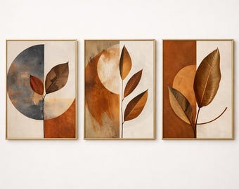 Mid‑Century Botanical Abstract Wall Art Set of 3 - Geometric Minimalist Prints - Neutral Home Decor - Digital Download