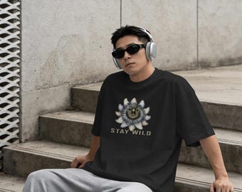 Stay Wild T-Shirt Unisex Oversized | Heavy Cotton Graphic Sun Tee | Black and White Aesthetic Streetwear Boho Shirt