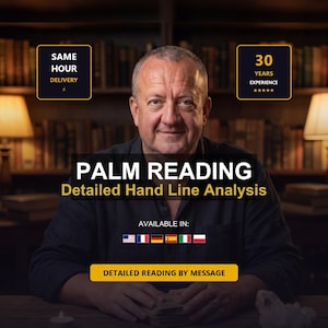 Può includere: Una persona di mezza età con capelli corti e camicia scura davanti a una libreria. Le scritte sovrapposte includono SAME HOUR DELIVERY, 30 YEARS EXPERIENCE, PALM READING, Detailed Hand Line Analysis, AVAILABLE IN e DETAILED READING BY MESSAGE.