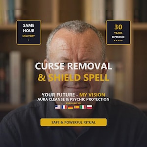 Może przedstawiać: Osoba w średnim wieku z krótkimi włosami ubrana w ciemną koszulę. Nałożony tekst: CURSE REMOVAL & SHIELD SPELL, YOUR FUTURE - MY VISION, AURA CLEANSE & PSYCHIC PROTECTION, SAFE & POWERFUL RITUAL, SAME HOUR DELIVERY, 30 YEARS EXPERIENCE.