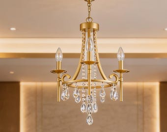 Gold Crystal Chandelier, 3-Light Mini Glam Fixture, Farmhouse Boho Ceiling Light