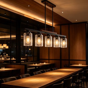 Linear Farmhouse Chandelier: 5-Light Seeded Glass Pendant Light, Black Metal Wood Accent