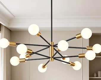 12-Light Sputnik Chandelier | Mid Century Modern Black Gold Fixture