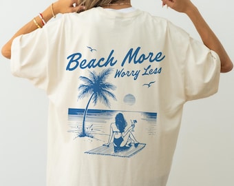 Camiseta "Más playa, menos preocupaciones", Camiseta de vacaciones en la playa, Camiseta veraniega costera, Camiseta gráfica para amantes del océano, Camiseta unisex de playa, Regalo de playa