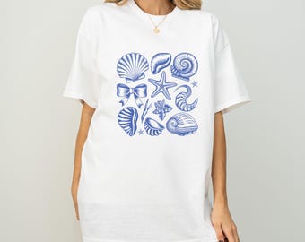 White Unisex T-Shirt, Blue Seashell Starfish Graphic, Coastal Beach Vacation Cotton Tee
