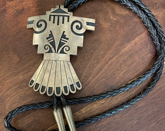 Outstanding Vintage Early Hopi Lawrence Saufkie (RIP) Master Silversmith Overlay Sterling 3 1/2" Bolo Tie Pendant Necklace 69 Grams
