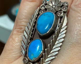 Huge Beautiful Hand Wrought Navajo Tyrone Turquoise 2 Stone Sterling Silver Ring Cir 1960's  16 Grams