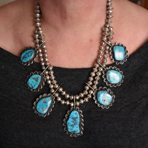 Stunning Vintage Navajo Morenci Turquoise Squash Blossom Sterling Necklace And Earrings Set 178 Grams Circa 1970&#39;s