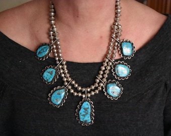 Stunning Vintage Navajo Morenci Turquoise Squash Blossom Sterling Necklace And Earrings Set 178 Grams Circa 1970's