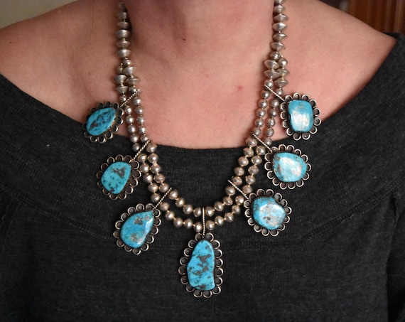 Stunning Vintage Navajo Morenci Turquoise Squash … - image 1