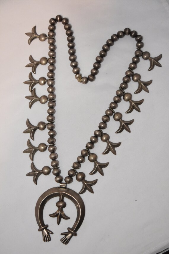 Heavy 282 Gram Native American Navajo Bear Turquoise Sterling Silver Squash Blossom Necklace Heavy 282 Gram Native American Navajo Bear Turquoise Sterling Silver Squash Blossom Necklace