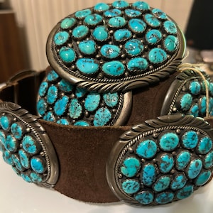SOLD Outstanding Large Vintage 1970&#39;s Navajo ED Kingman Turquoise Heavy Sterling Silver Concho Belt 910 Grams Nine 3&quot; Concho&#39;s 4&quot;Buckle