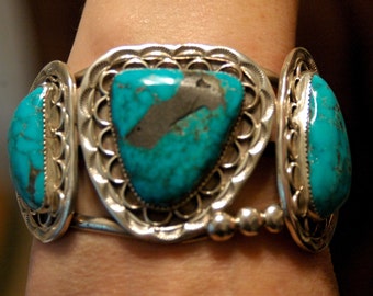 Huge Vintage Elizabeth Etsitty Navajo Kingman Turquoise Sterling Bracelet 2&quot; Tall 120 Grams