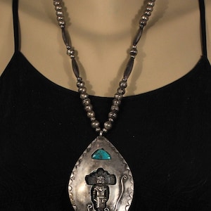 Large Vintage Heavy Hopi Sterling Silver And Blue Gem Turquoise Kachina Pendant Necklace 71 Grams