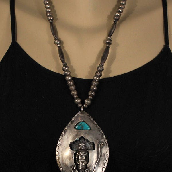 Large Vintage Heavy Hopi Sterling Silver And Blue Gem Turquoise Kachina Pendant Necklace 71 Grams